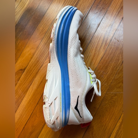 HOKA Bondi 8 Men’s Running Shoes Size 12.5 D Blue/White Worn Heel Damage - Picture 5 of 11